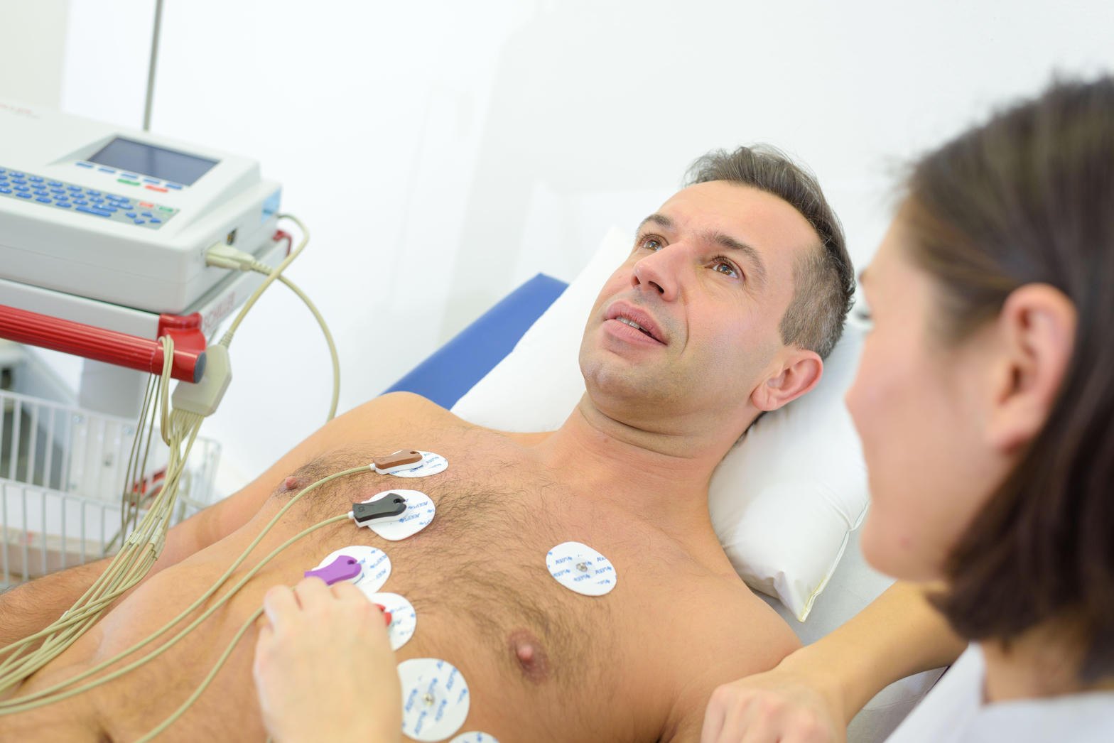 Twelve-lead ECG electrodes on a patient’s chest with an electrocardiograph beside the bed